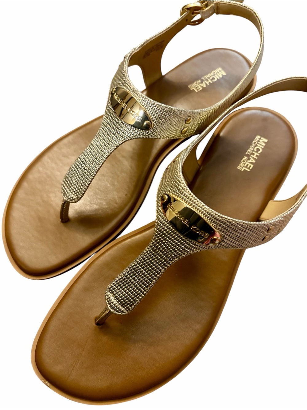 MICHAEL Michael Kors Metallic Gold T-Strap Leather Slingback Sandals Sz 9